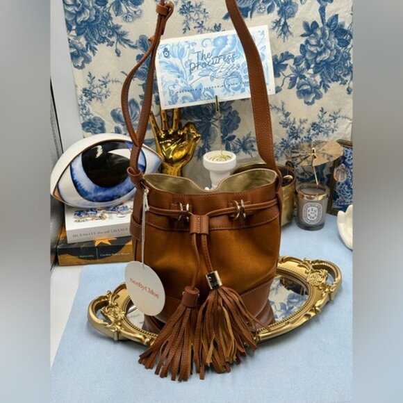 🆕 SEE BY CHLOE 🧿 NWT Vicki Bucket Bag, Caramello Leather & Suede - Picture 2 of 16